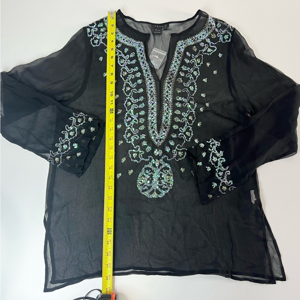VENUS  Silk Sheer Black Swimsuit Coverup V-Neck Sequin Detailing Tunic Women's M - Picture 7 of 11